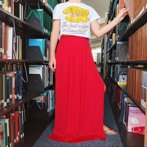 Red ruched maxi skirt